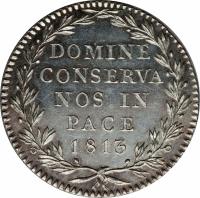 reverse of 20 Batzen (1813) coin with KM# 188 from Swiss cantons. Inscription: DOMINE CONSERVA NOS IN PACE 1813