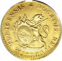 obverse of 1 Ducat (1810) coin with KM# A185 from Swiss cantons. Inscription: DUCATUS REIPUBLICAE TURICENSIS