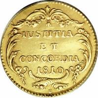 reverse of 1 Ducat (1810) coin with KM# A185 from Swiss cantons. Inscription: IUSTITIA ET CONCORDIA 1810 B