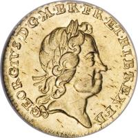 obverse of 1/4 Guinea - George I (1718) coin with KM# 555 from United Kingdom. Inscription: GEORGIVS · D:G · M · BR · FR:E:T:HIB · REX · F · D ·