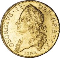 obverse of 5 Guineas - George II (1746 - 1753) coin with KM# 586 from United Kingdom. Inscription: GEORGIUS · II · DEI · GRATIA · LIMA.