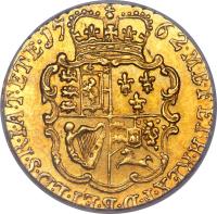 reverse of 1/4 Guinea - George III (1762) coin with KM# 592 from United Kingdom. Inscription: M · B · F · ET · H · REX · F · D · ET · L · D · S · R · I · A · T · ET · E · 17 62 ·