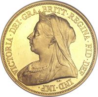 obverse of 5 Pounds - Victoria - 3'rd Portrait (1893) coin with KM# 787 from United Kingdom. Inscription: VICTORIA · DEI · GRA · BRITT · REGINA · FID · DEF · IND · IMP