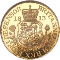 reverse of 1 Guinea - George III (1813) coin with KM# Pn71 from United Kingdom. Inscription: BRITANNIARVM REX FIDEI DEFENSOR 18 13