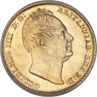 obverse of 1/2 Sovereign - William IV - Smaller (1834) coin with KM# 720 from United Kingdom. Inscription: GULIELMUS IIII D:G: BRITANNIAR: REX F:D: