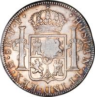 reverse of 1 Dollar - George III - Countermarked Coinage (1772 - 1783) coin with KM# 655 from United Kingdom. Inscription: · HISPAN · ET IND · REX · Mo · 8R · F · F ·