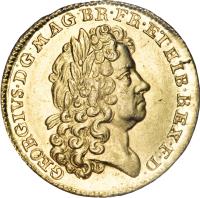 obverse of 1 Guinea - George I (1714) coin with KM# 538 from United Kingdom. Inscription: GEORGIVS · D:G · MAG · BR · FR · ET · HIB · REX · F · D ·