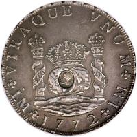 obverse of 8 Reales - George III - Countermarked Coinage (1772) coin with KM# 636 from United Kingdom. Inscription: VTRAQUE VNUM PLUS	VLTR LM	1772	LM