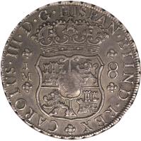 reverse of 8 Reales - George III - Countermarked Coinage (1772) coin with KM# 636 from United Kingdom. Inscription: CAROLVS · III · D · G · HISPAN · ET IND · REX J M 8