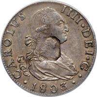 obverse of 8 Reales - George III - Countermarked Coinage (1788 - 1803) coin with KM# 432.2 from United Kingdom. Inscription: CAROLUS IIII · DEI · G · · 1803 ·