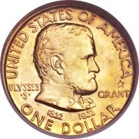 obverse of 1 Dollar - Ulysses S. Grant (1922) coin with KM# 152 from United States. Inscription: UNITED STATES OF AMERICA ULYSSES * · S · GRANT 1822 1922 ONE DOLLAR