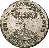 obverse of 1 Peso - Coquimbo (1828) coin with KM# 88 from Chile. Inscription: CHILE INDEPENDIENTE UN PESO COQUIMBO