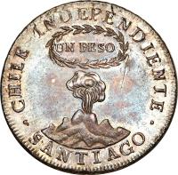 obverse of 1 Peso - Santiago (1817 - 1834) coin with KM# 82 from Chile. Inscription: CHILE INDEPENDIENTE UN PESO · SANTIAGO ·