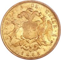 obverse of 10 Pesos (1854 - 1867) coin with KM# 131 from Chile. Inscription: REPUBLICA DE CHILE · oS · · 1865 ·