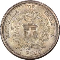 reverse of 1 Peso (1867) coin with KM# 141 from Chile.