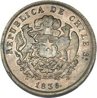 obverse of 8 Escudos (1836) coin with KM# Pn4 from Chile. Inscription: 1836