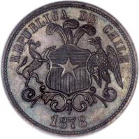 reverse of 10 Pesos (1835 - 1878) coin with KM# PnA24 from Chile. Inscription: 1878