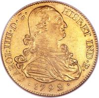 obverse of 8 Escudos - Carlos IV (1791 - 1808) coin with KM# 62 from Colombia. Inscription: CAROL · IIII · D · G · HISP · ET IND · R · · 1801 ·