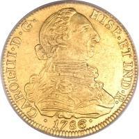 obverse of 8 Escudos - Carlos III (1785 - 1789) coin with KM# 50a from Colombia.