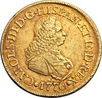 obverse of 8 Escudos - Carlos III (1760 - 1771) coin with KM# 38 from Colombia.