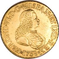 obverse of 8 Escudos - Fernando VI (1756 - 1760) coin with KM# 32 from Colombia.