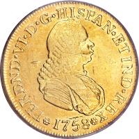 obverse of 4 Escudos - Fernando VI (1755 - 1760) coin with KM# 31 from Colombia.