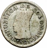 obverse of 1/2 Real (1821) coin with KM# F8 from Colombia.