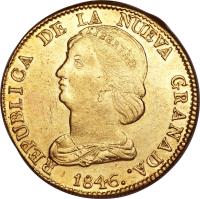 obverse of 16 Pesos (1837 - 1849) coin with KM# 94 from Colombia.