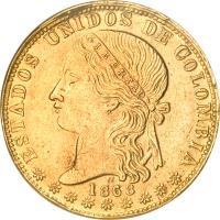 obverse of 20 Pesos (1862 - 1878) coin with KM# 142 from Colombia.