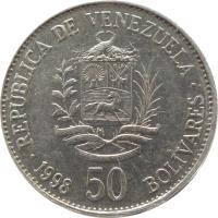 reverse of 50 Bolívares (1998 - 1999) coin with Y# 77 from Venezuela. Inscription: REPÚBLICA BOLIVARIANA DE VENEZUELA 50 BOLIVARES 1998 19 DE ABRIL DE 1810 - 20 DE FEBRERO DE 1859 INDEPENDENCIA - FEDERACIÓN REPÚBLICA DE VENEZUELA