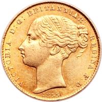 obverse of 1 Sovereign - Victoria (1855 - 1856) coin with KM# 2 from Australia. Inscription: VICTORIA D: G: BRITANNIAR: REGINA: F: D: 1855