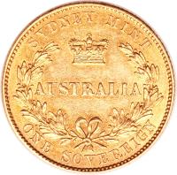 reverse of 1 Sovereign - Victoria (1855 - 1856) coin with KM# 2 from Australia. Inscription: SYDNEY MINT AUSTRALIA ONE SOVEREIGN