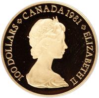 obverse of 100 Dollars - Elizabeth II - O Canada (1981) coin with KM# 131 from Canada. Inscription: 100 DOLLARS CANADA 1981 ELIZABETH II