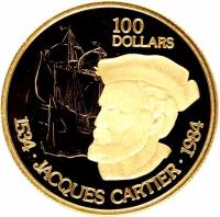 reverse of 100 Dollars - Elizabeth II - Jacques Cartier (1984) coin with KM# 142 from Canada. Inscription: 100 DOLLARS 1534 · Jaques Cartier · 1984