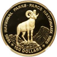 reverse of 100 Dollars - Elizabeth II - National Parks (1985) coin with KM# 144 from Canada. Inscription: 1885 NATIONAL PARKS · PARCS NATIONAUX 1985 100 DOLLARS