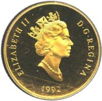 obverse of 100 Dollars - Elizabeth II - Montreal (1992) coin with KM# 211 from Canada. Inscription: ELIZABETH II D · G · REGINA 1992