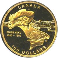 reverse of 100 Dollars - Elizabeth II - Montreal (1992) coin with KM# 211 from Canada. Inscription: CANADA MONTRÉAL 1642-1992