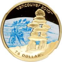 reverse of 75 Dollars - Elizabeth II - Inukshuk (2008) coin with KM# 820 from Canada. Inscription: vancouver 2010 75 DOLLARS CD