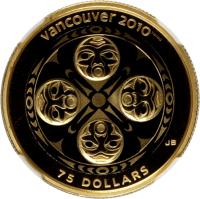 reverse of 75 Dollars - Elizabeth II - Four Host First Nations (2008) coin with KM# 821 from Canada. Inscription: vancouver 2010 JB 75 DOLLARS