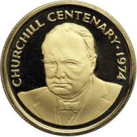 obverse of 100 Dollars - Elizabeth II - Churchill (1974) coin with KM# 11 from Cayman Islands. Inscription: CHURCHILL CENTENARY · 1974