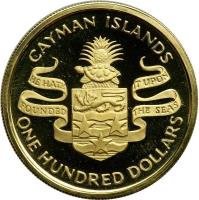 reverse of 100 Dollars - Elizabeth II - Churchill (1974) coin with KM# 11 from Cayman Islands. Inscription: CAYMAN ISLANDS HE HATH IT UPON FOUNDED THE SEAS ONE HUNDRED DOLLARS