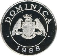 obverse of 100 Dollars - Elizabeth II - Imperial Parrots (1988) coin with KM# 21 from Dominica. Inscription: DOMINICA APRES BONDIE C'EST LA TER 1988