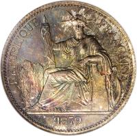 obverse of 50 Centimes (1879) coin with KM# E11 from French Cochinchina. Inscription: REPUBLIQUE FRANCAISE BARRE 1879