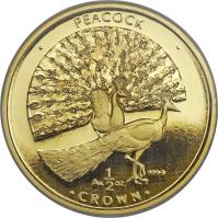 reverse of 1/2 Crown - Elizabeth II - Peacocks - 3'rd Portrait (1998) coin with KM# 732 from Gibraltar. Inscription: · PEACOCK · 999 · 9 Au.1/2oz. · CROWN ·