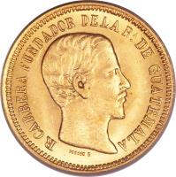 obverse of 5 Pesos (1869) coin with KM# 191 from Guatemala.