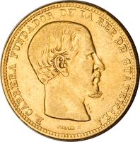 obverse of 20 Pesos (1869) coin with KM# 194 from Guatemala.