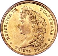 obverse of 20 Pesos (1877 - 1878) coin with KM# 199 from Guatemala. Inscription: REPUBLICA DE GUATEMALA VEINTE PESOS