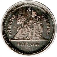 reverse of 1/2 Real (1893) coin with KM# 163 from Guatemala. Inscription: REPUBLICA DE GUATEMALA MEDIO REAL