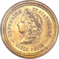 obverse of 5 Pesos (1872 - 1878) coin with KM# 198 from Guatemala.