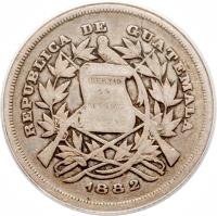 obverse of 25 Centavos (1882) coin with KM# 206 from Guatemala.